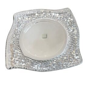PartyLite Clear Textured Glass 3-Wick Candle Holder Plate Wave Edge Table Decor